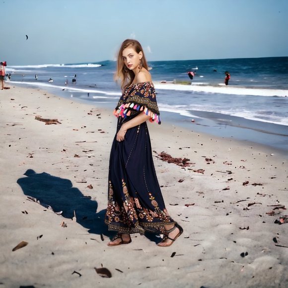 Off  Shoulder Tassel Boho Maxi Summer Ruffle Long Dress Size Medium - Picture 5 of 11